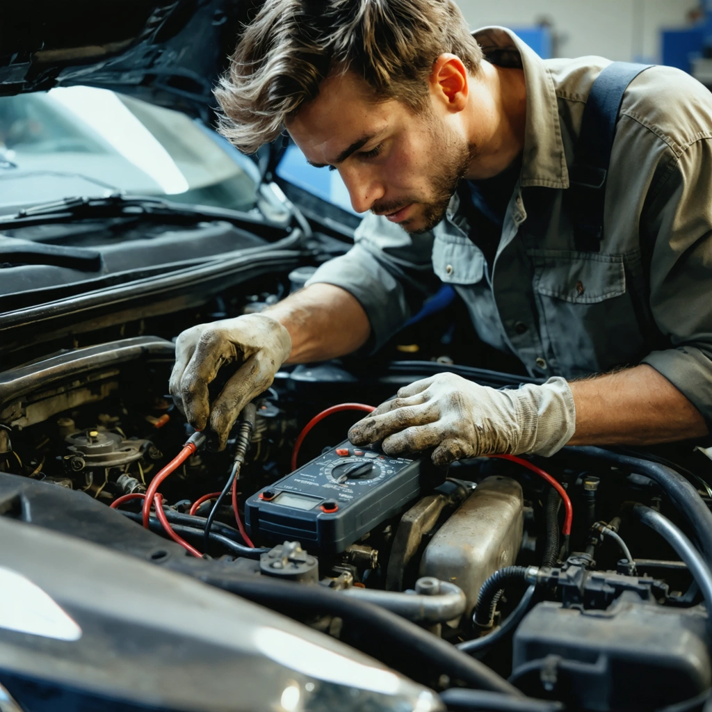 Un mécanicien réalise un test sur un capteur PMH à l'aide d'un multimètre analogique, dans un atelier automobile, près d'un moteur de voiture.