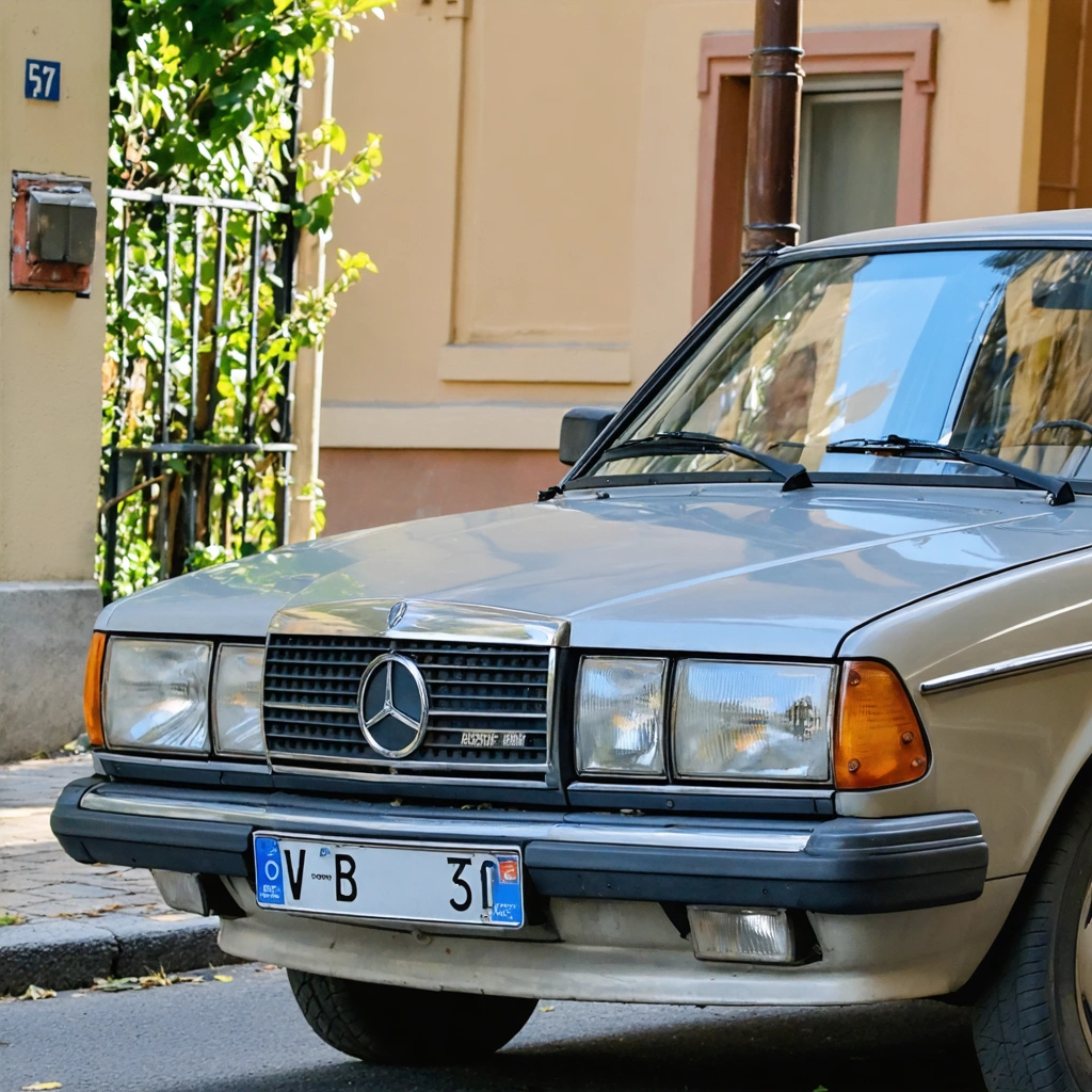 Une voiture ancienne de plus de 30 ans garée dans une rue, arborant une plaque d’immatriculation noire, symbole de véhicule de collection.