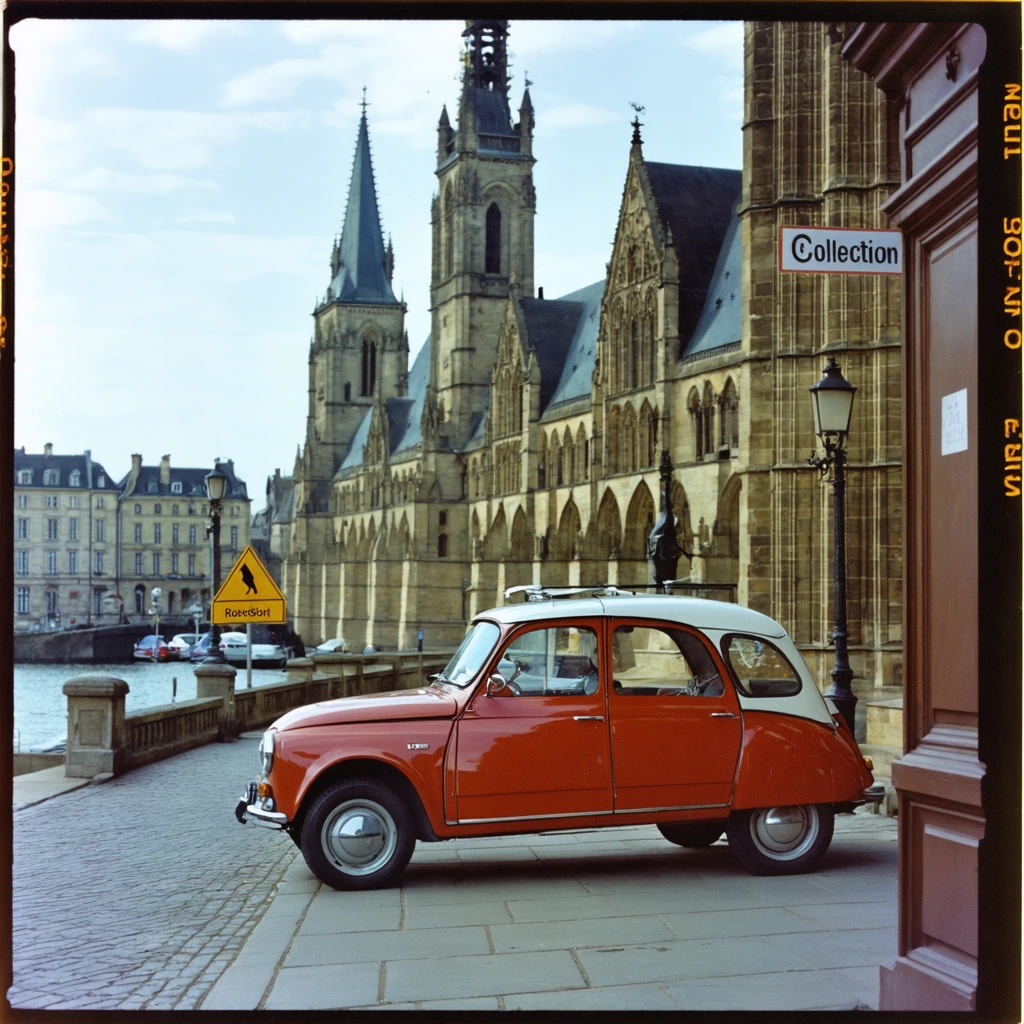 Une voiture de collection française garée devant la mairie de Rouen avec un panneau ZFE en arrière-plan, éclairage vintage et ambiance conviviale.