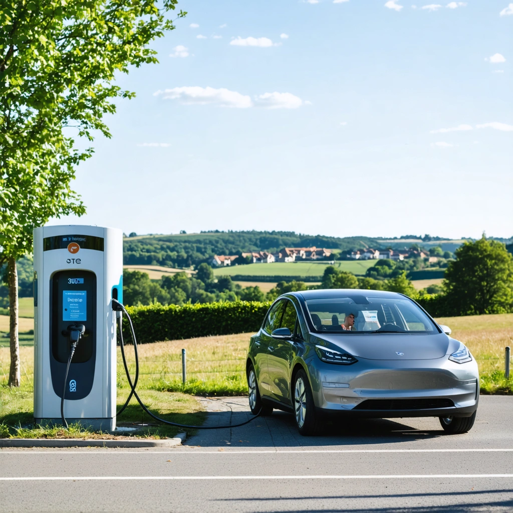 Une voiture électrique branchée à une borne de recharge isolée dans la campagne française, avec des collines verdoyantes et un village au loin.