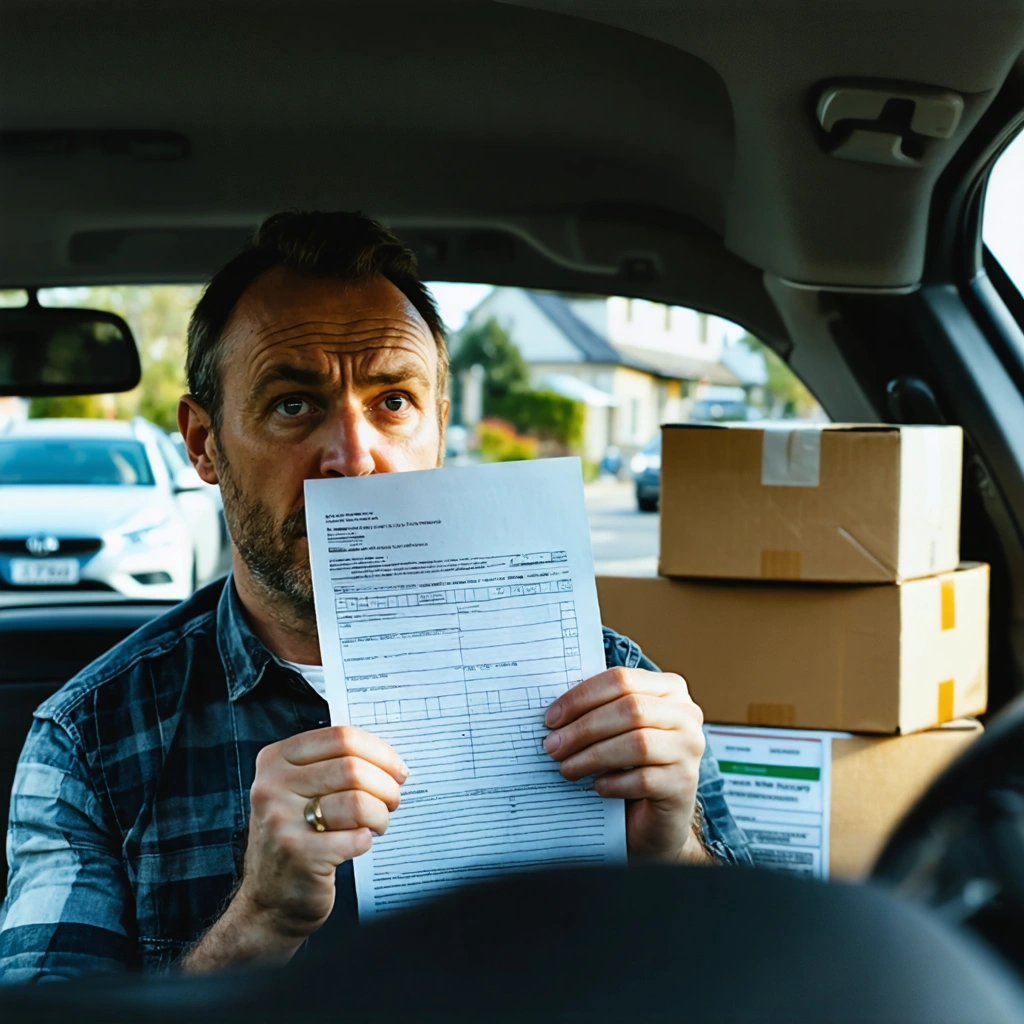 Conducteur inquiet dans une voiture tenant une carte grise, avec des cartons de déménagement et un avis d’amende visible sur le tableau de bord.