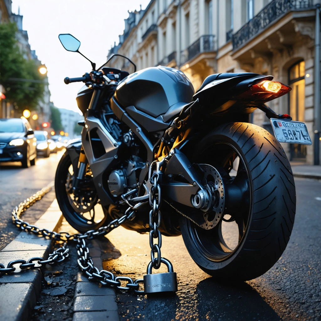 Une moto stationnée en ville est sécurisée avec un antivol en U et une chaîne fixée à un point d’ancrage au sol.