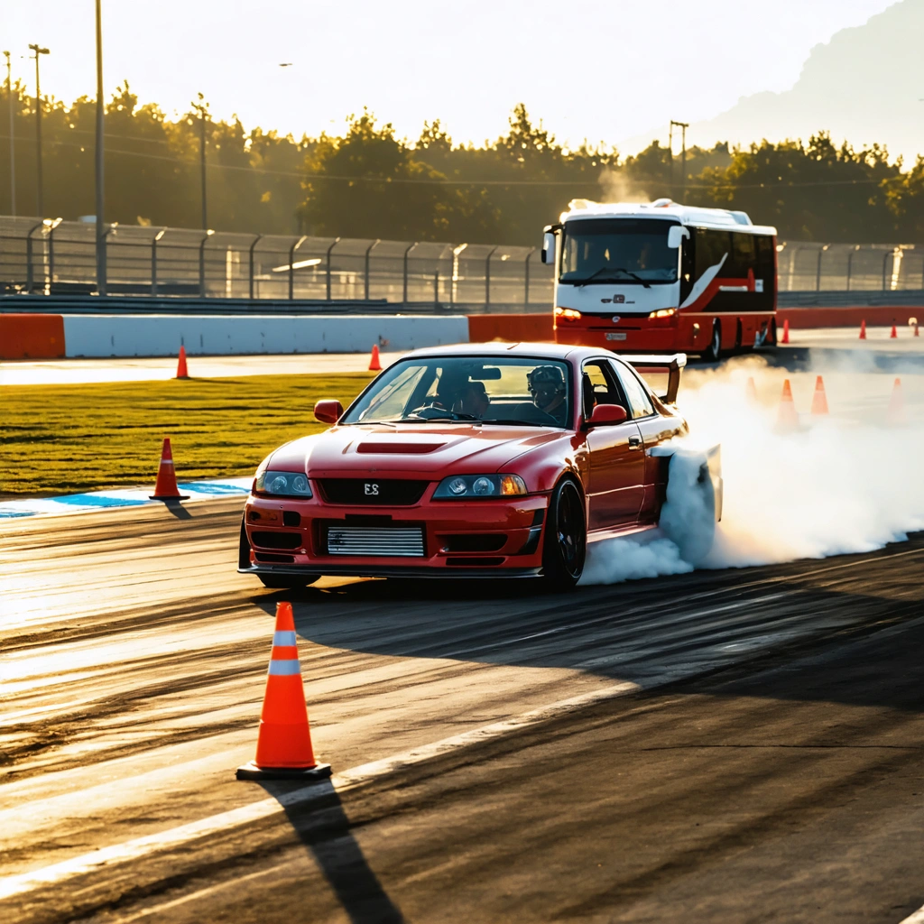 Une voiture en propulsion effectue un drift controle sur circuit ferme autour de cones, avec un pilote casque et un leger nuage de fumee de pneus.