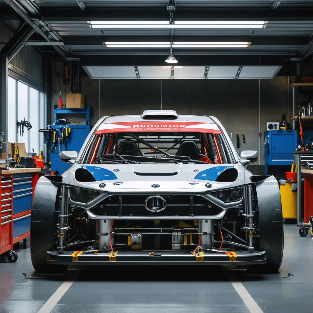 Installation d’un arceau de sécurité dans une voiture de rallye dépouillée, dans un atelier spécialisé, avec sièges baquets et équipement de compétition visibles.
