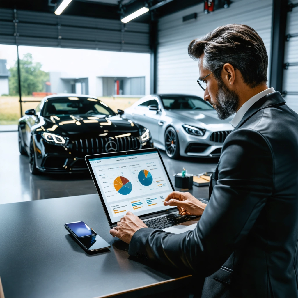 Dans un garage haut de gamme, un passionne d'automobile examine des documents d'assurance devant une voiture de luxe noire et une berline premium argentee.