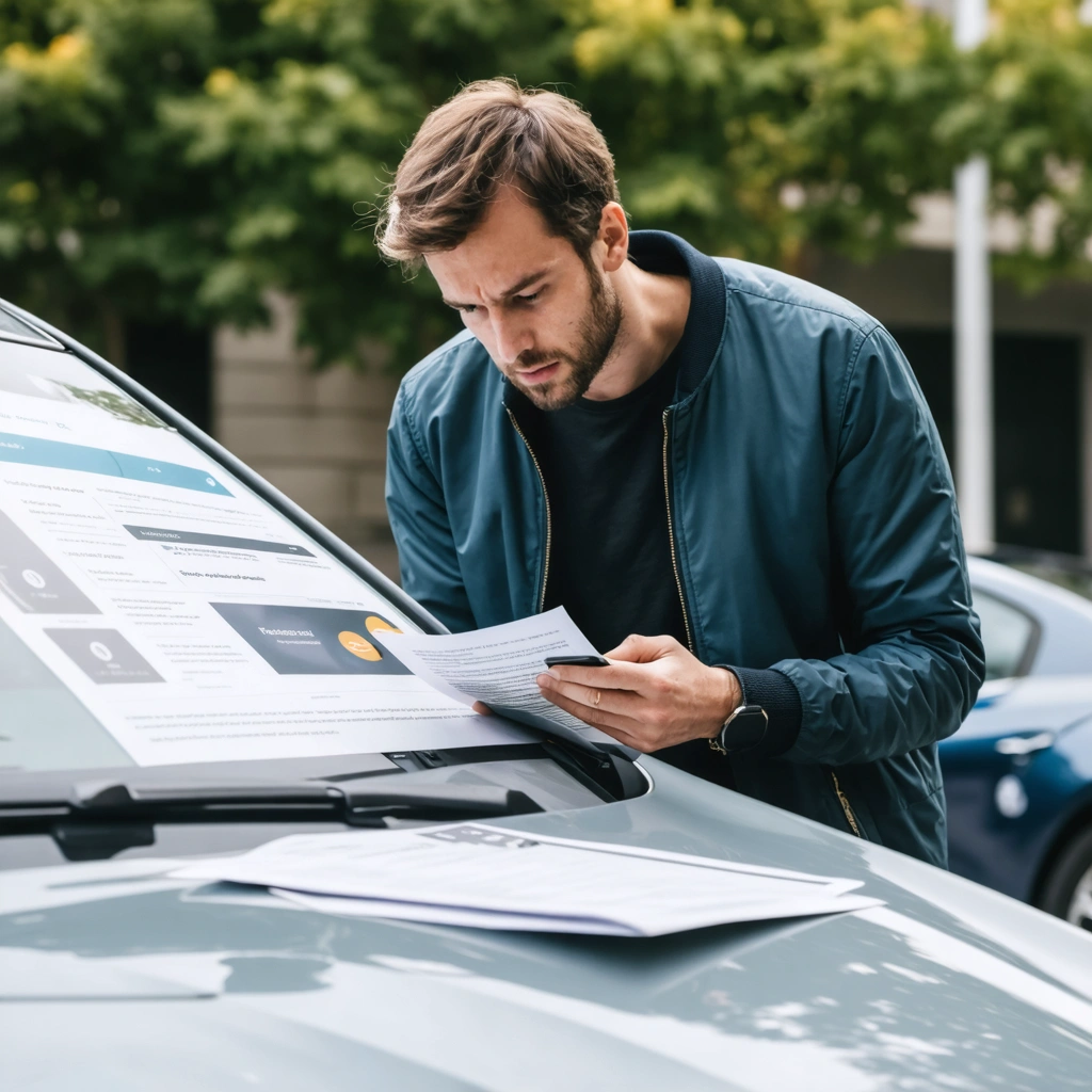 Un conducteur examine des documents d’assurance auto à côté de sa voiture tout en consultant un devis sur son smartphone après une résiliation pour non-paiement.