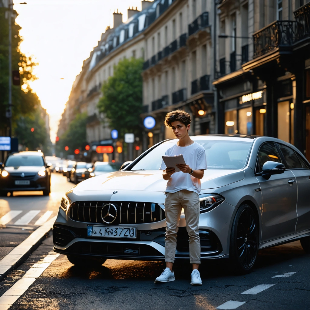Jeune conducteur debout à côté d'une voiture puissante, regardant un document d'assurance avec ses clés à la main dans une rue urbaine