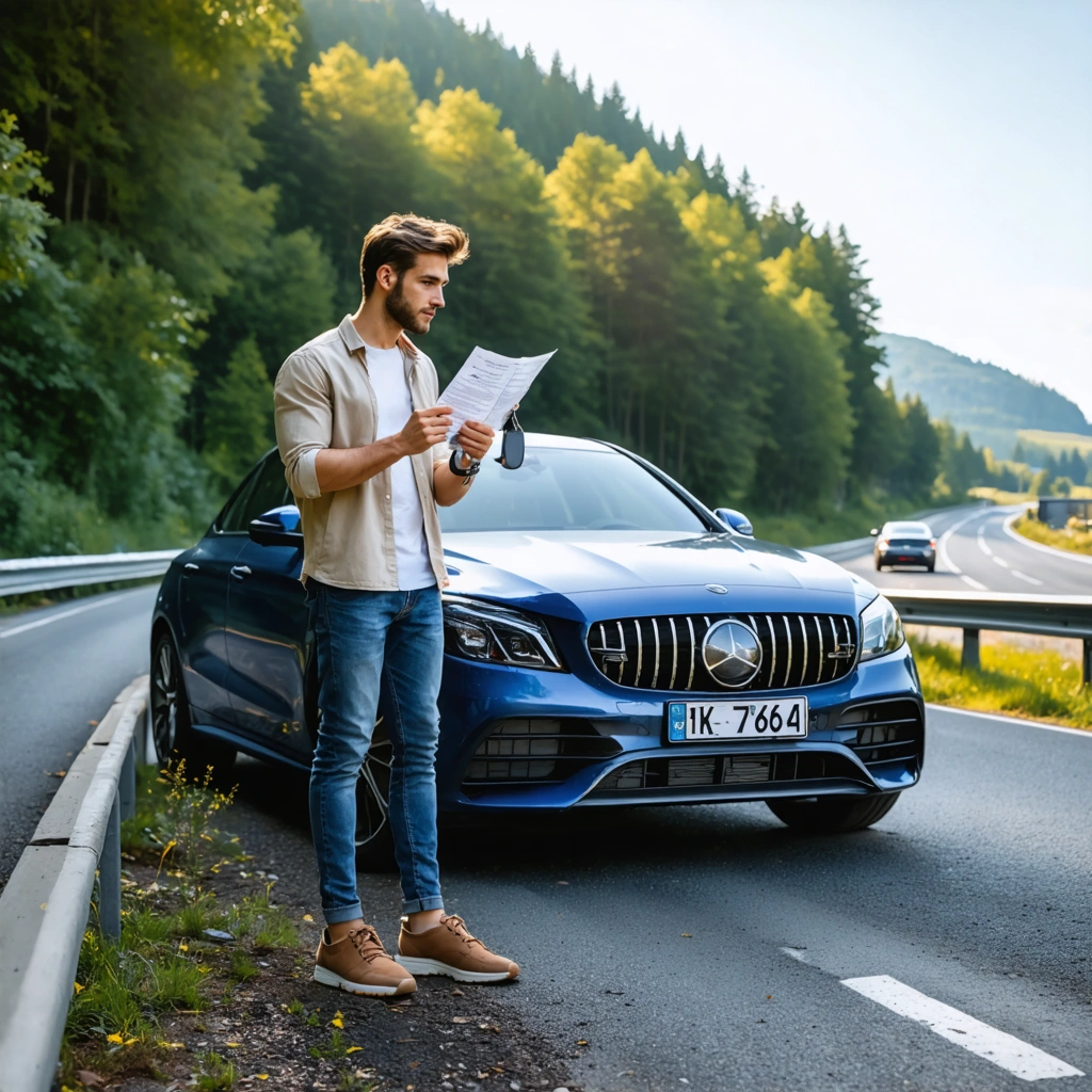 Un homme se tient à côté d’une voiture importée avec des plaques temporaires, documents d’assurance en main, prêt à prendre la route en toute sécurité.