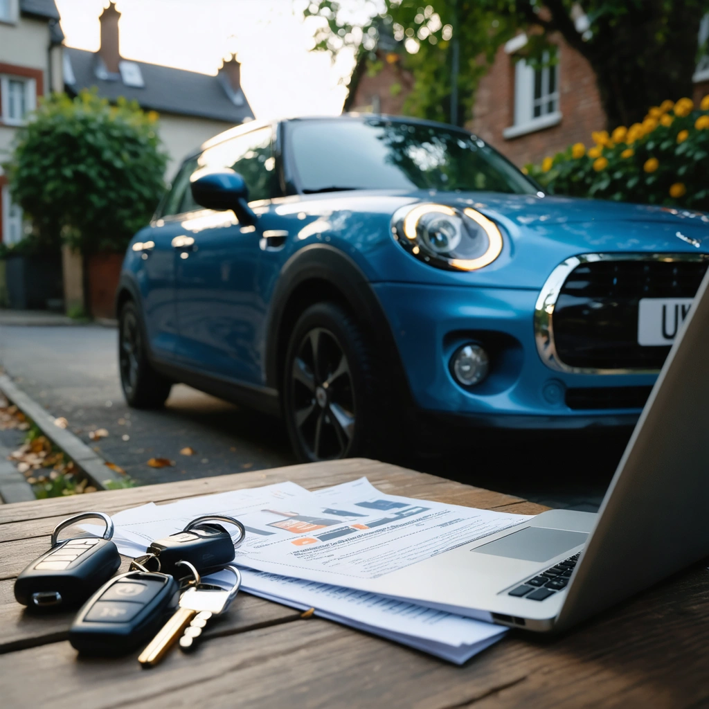 Un conducteur compare des documents d'assurance auto près d'une voiture compacte stationnée, avec un antivol visible, pour choisir une protection contre le vol à prix raisonnable.