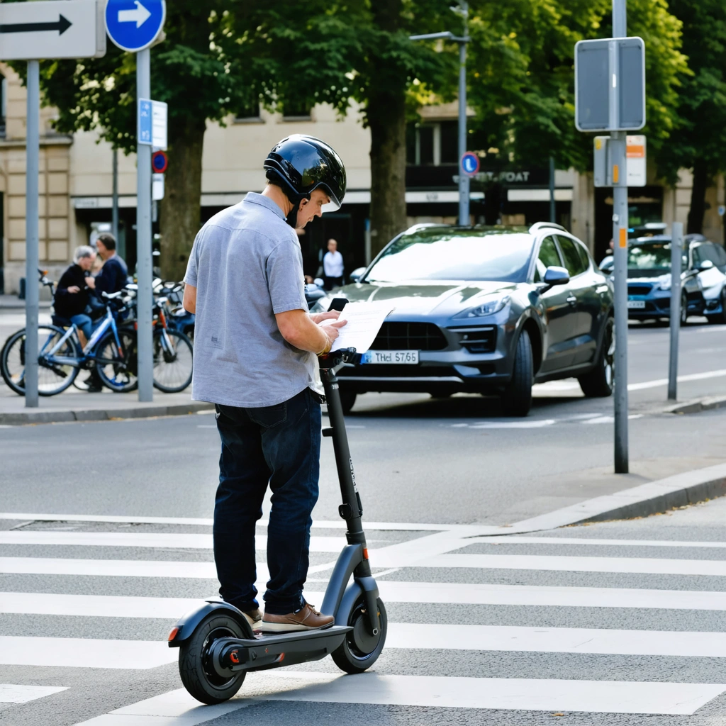 Personne en trottinette électrique dans une rue de ville, consultant une attestation d’assurance sur son téléphone près d’un passage piéton.