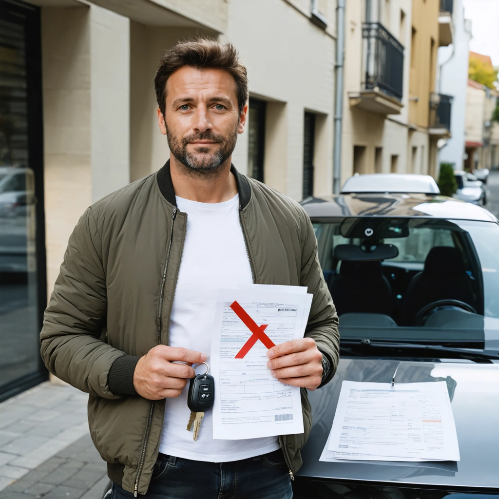 Un homme debout à côté d'une voiture avec des documents d'assurance et une carte grise barrée, illustrant les démarches pour assurer un véhicule en cours de régularisation.