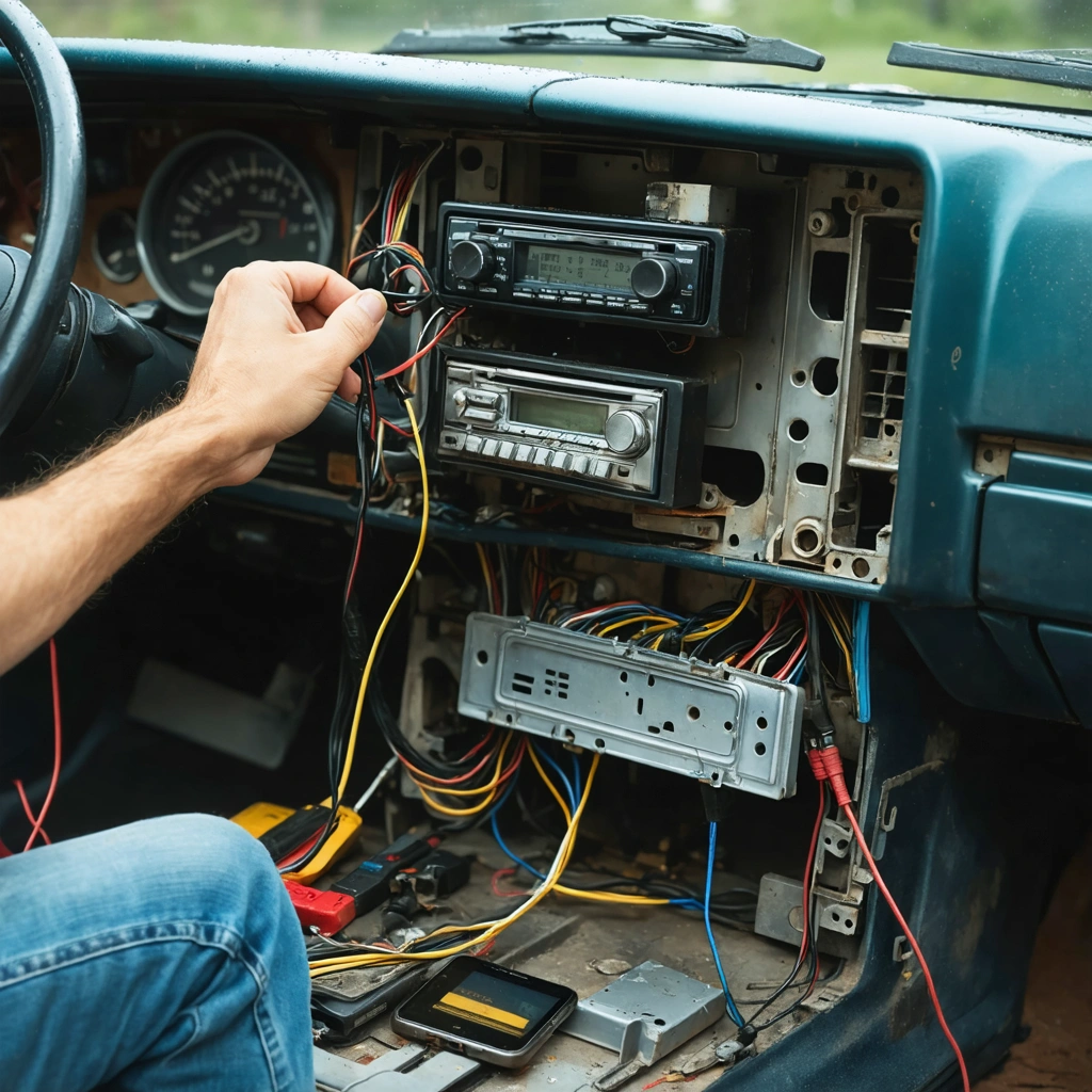 Installation d'un autoradio bluetooth dans une vieille voiture avec tableau de bord ouvert, faisceau électrique visible et smartphone en cours d'appairage