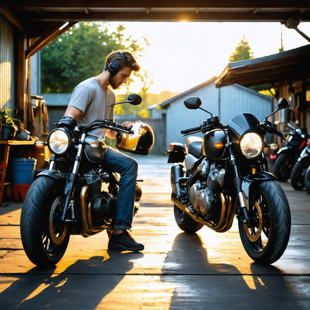 Deux motos garées côte à côte dans un atelier, l’une avec un moteur bicylindre et l’autre avec un quatre cylindres, observées par un passionné de moto.