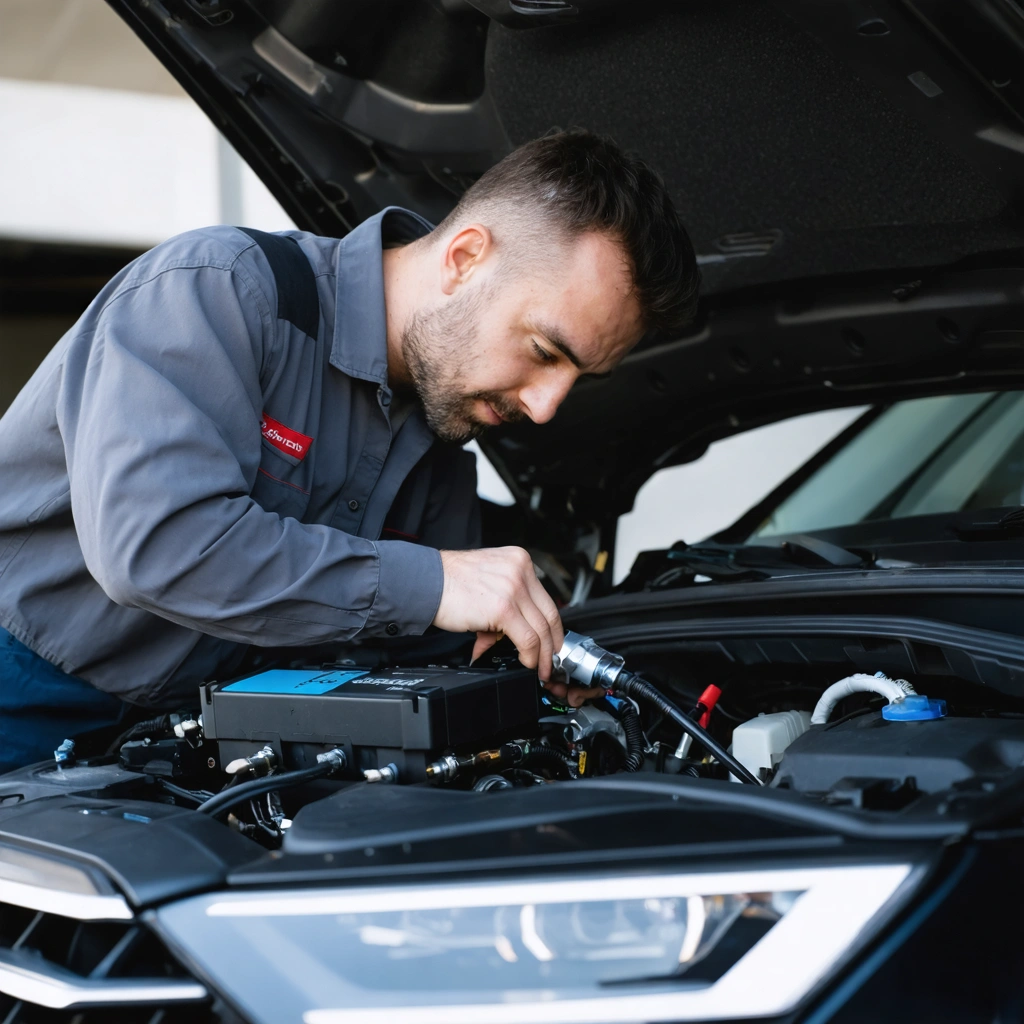 Un passionne d automobile installe un boitier ethanol E85 homologue sous le capot d une voiture essence dans un garage bien eclaire avec des outils et un boitier de diagnostic visibles.