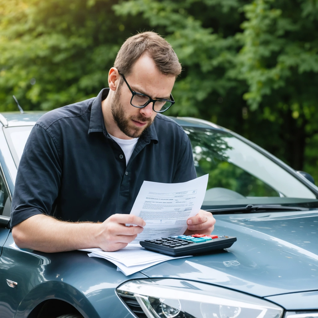 Conducteur examinant des documents d’assurance et calculant son bonus malus près d’une voiture après un léger accident