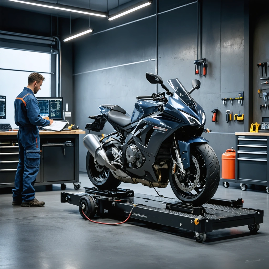 Moto roadster installée sur un banc de puissance dans un atelier pendant une opération de bridage A2, avec un mécanicien et des documents techniques