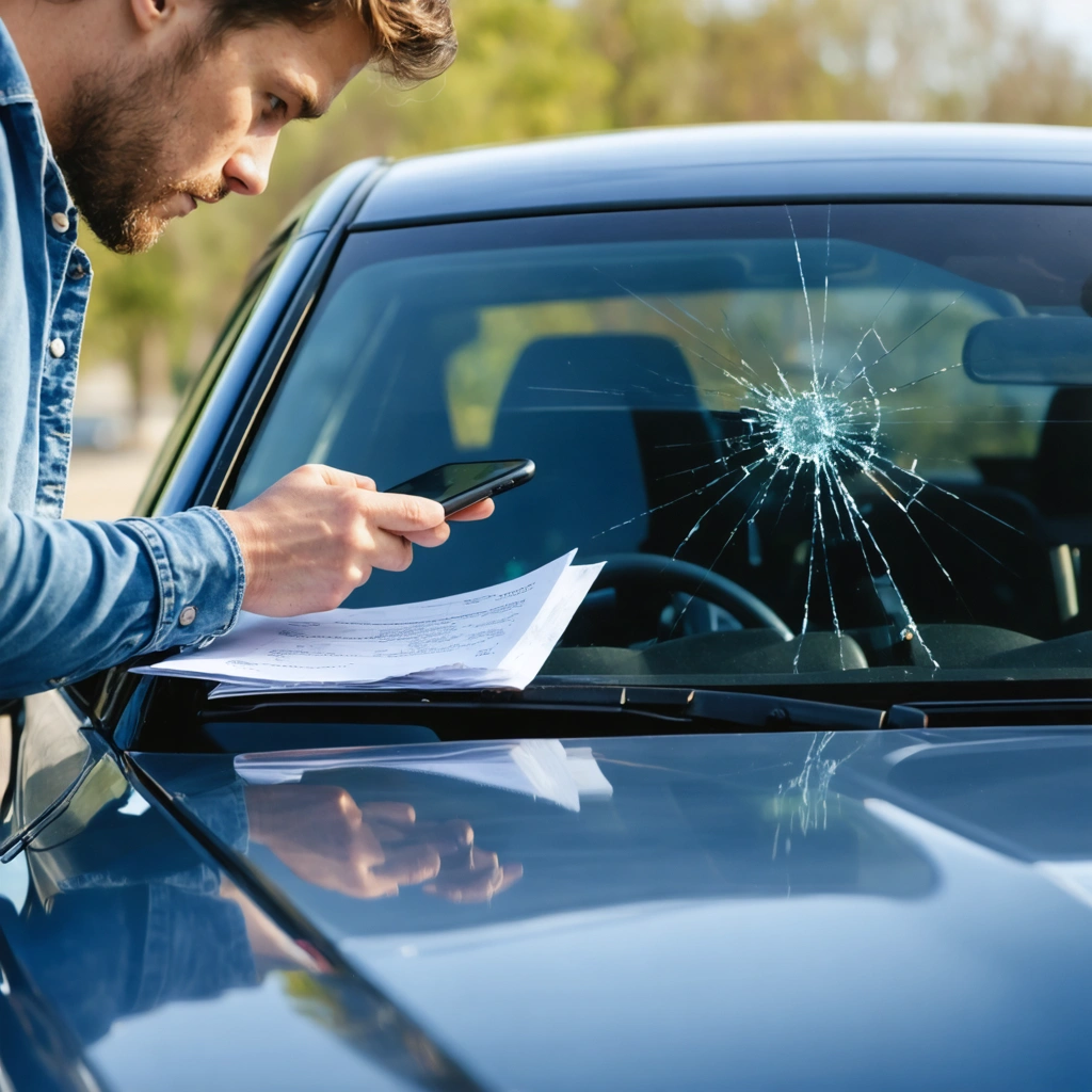 Un conducteur examine un impact sur le pare-brise de sa voiture tout en consultant la declaration a son assurance sur son telephone.