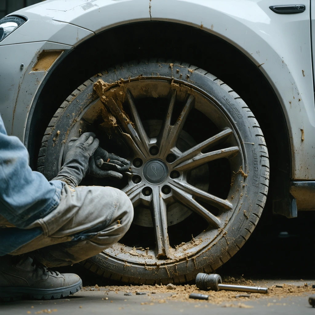 Un mécanicien inspecte un cardan avant endommagé avec un soufflet déchiré et de la graisse projetée près d’une roue braquée dans un atelier automobile.