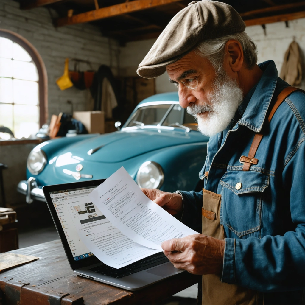 Un passionne d automobile dans un garage prepare les documents pour immatriculer un vehicule de collection devant une voiture ancienne