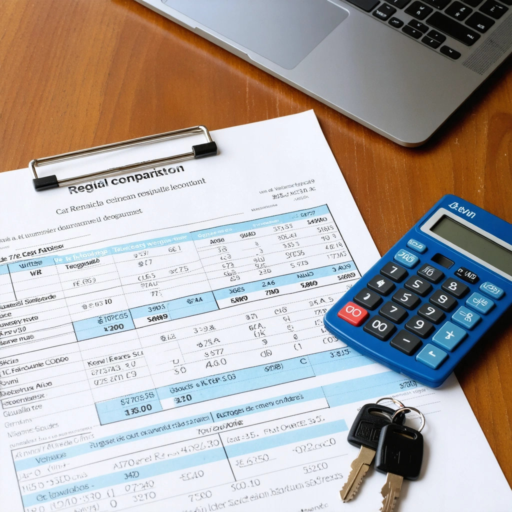 Une carte grise, des clés de voiture, une calculatrice et un tableau comparatif des tarifs régionaux posés sur un bureau.
