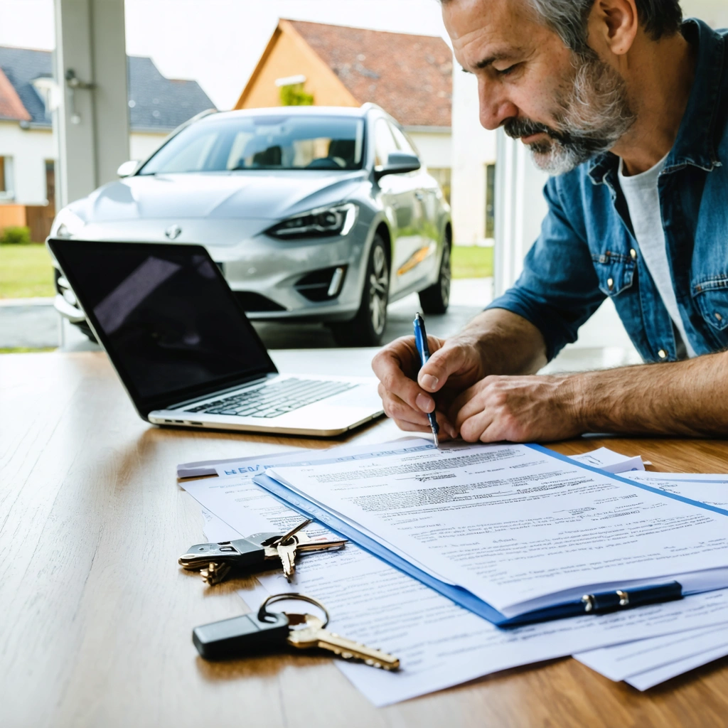 Une personne trie des documents administratifs pour mettre à jour la carte grise d'un vehicule apres le deces d'un parent, avec des cles de voiture et un ordinateur portable sur une table.