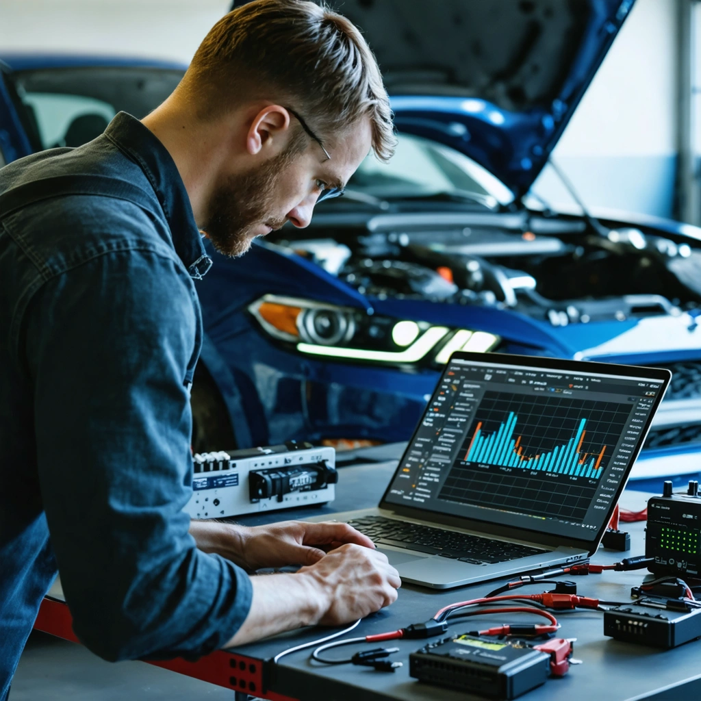 Dans un atelier automobile, un passionne compare une cartographie moteur sur ordinateur portable et un boitier additionnel pose sur un etabli, devant une voiture au capot ouvert.