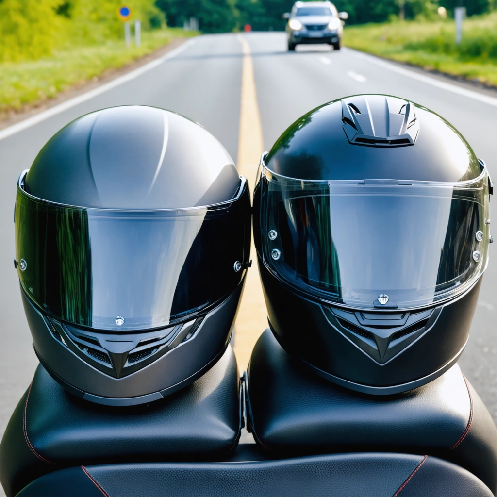 Deux casques de moto posés sur une selle, un casque integral ferme et un casque modulable avec mentonniere relevee, pour comparer visuellement les deux types.