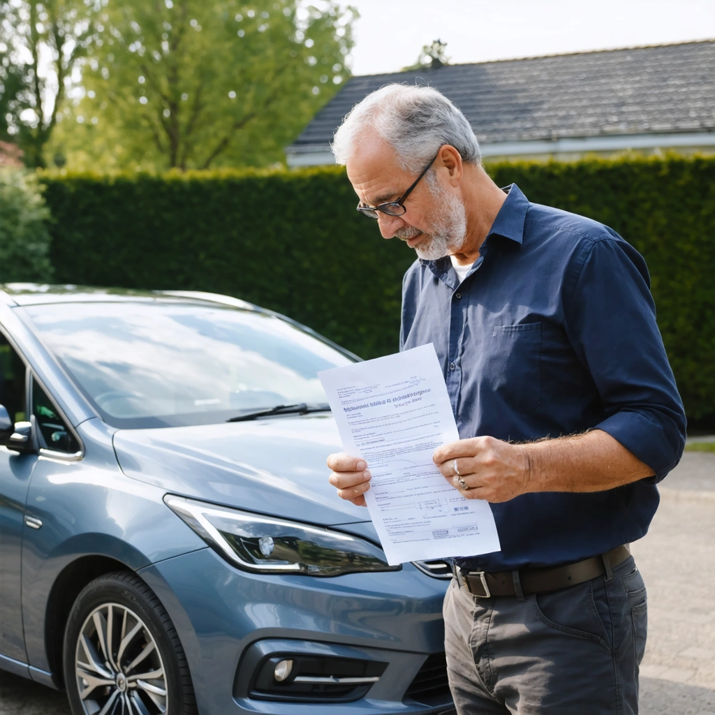 Un vendeur montre un certificat de non-gage et des papiers de voiture à un acheteur devant une voiture d’occasion stationnée en extérieur.