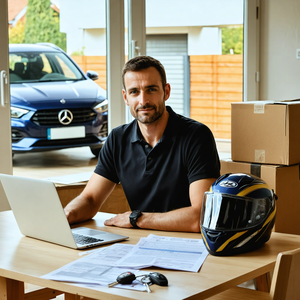 Conducteur en plein demenagement mettant a jour l adresse de sa carte grise sur un ordinateur, avec des cartons, des papiers du vehicule et des cles poses sur une table