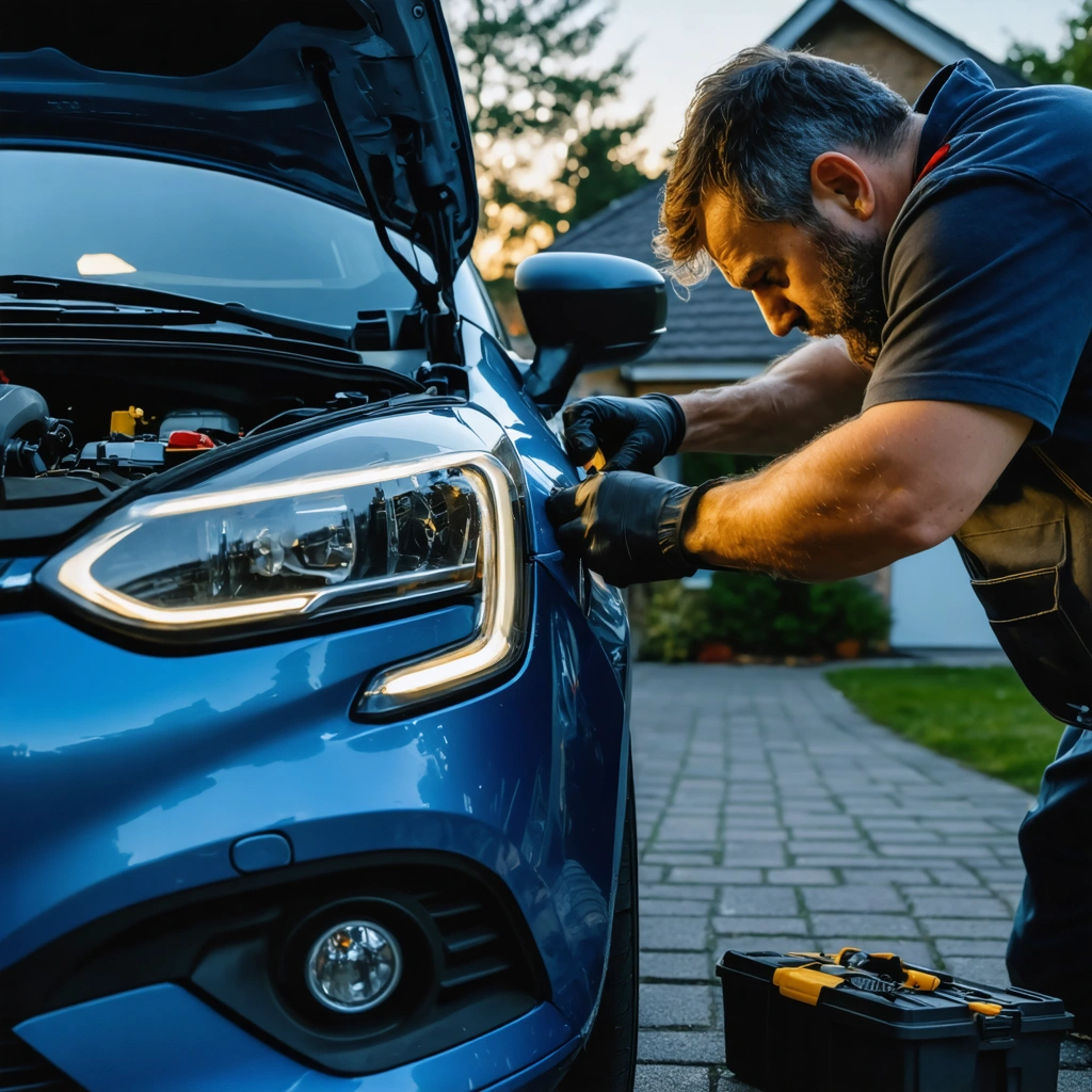 Un homme remplace une ampoule de phare sur une Renault Clio capot ouvert dans une allée, avec des gants et des outils à proximité.