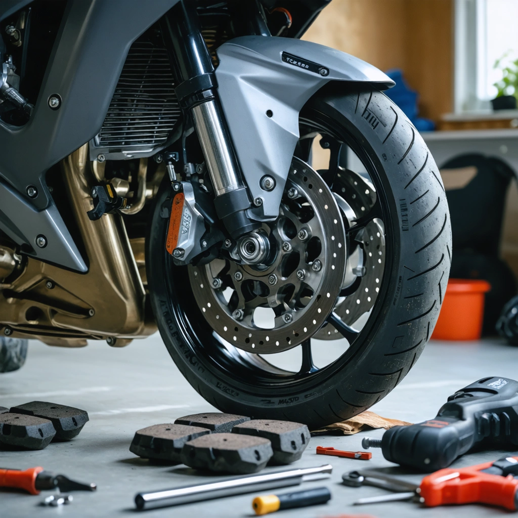 Remplacement des plaquettes de frein avant d'une moto dans un garage, avec outils et étrier visibles