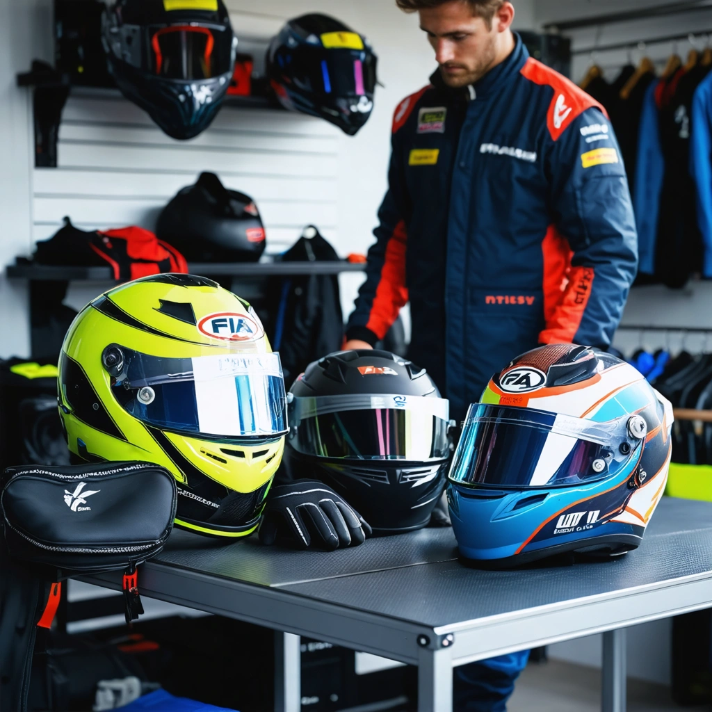 Un passionne d'automobile compare plusieurs casques homologues FIA dans un paddock, avec un modele integral, un modele jet et des fixations HANS visibles sur un etabli.