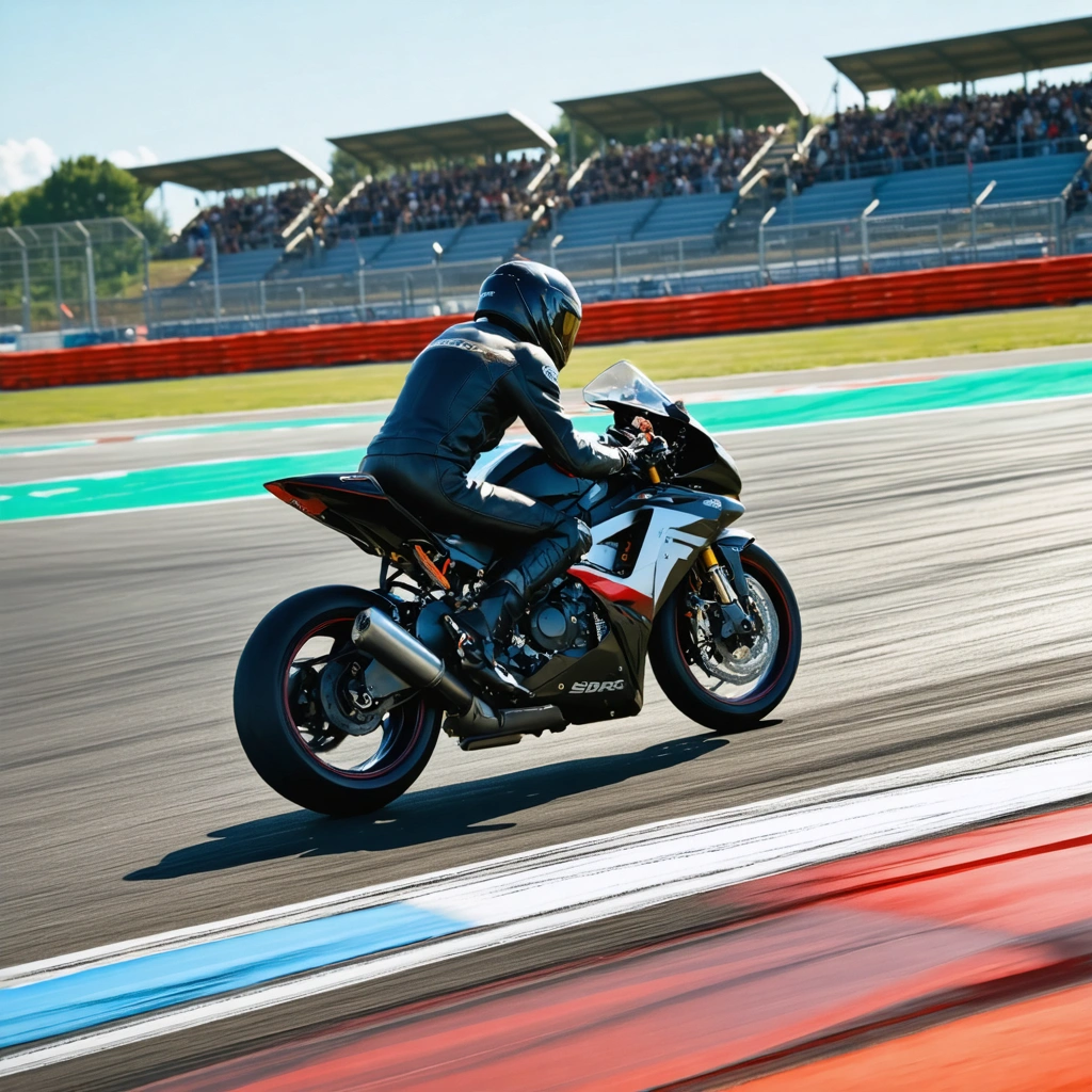 Un motard en combinaison complète prend un virage sur un circuit francais lors d'une journee de roulage, avec paddock et tribunes en arriere-plan.