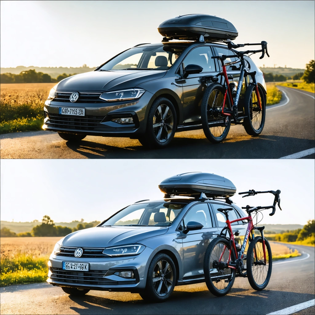 Voiture familiale equipee soit d un coffre de toit soit d un porte velo sur attelage avec deux velos, en situation de depart en voyage