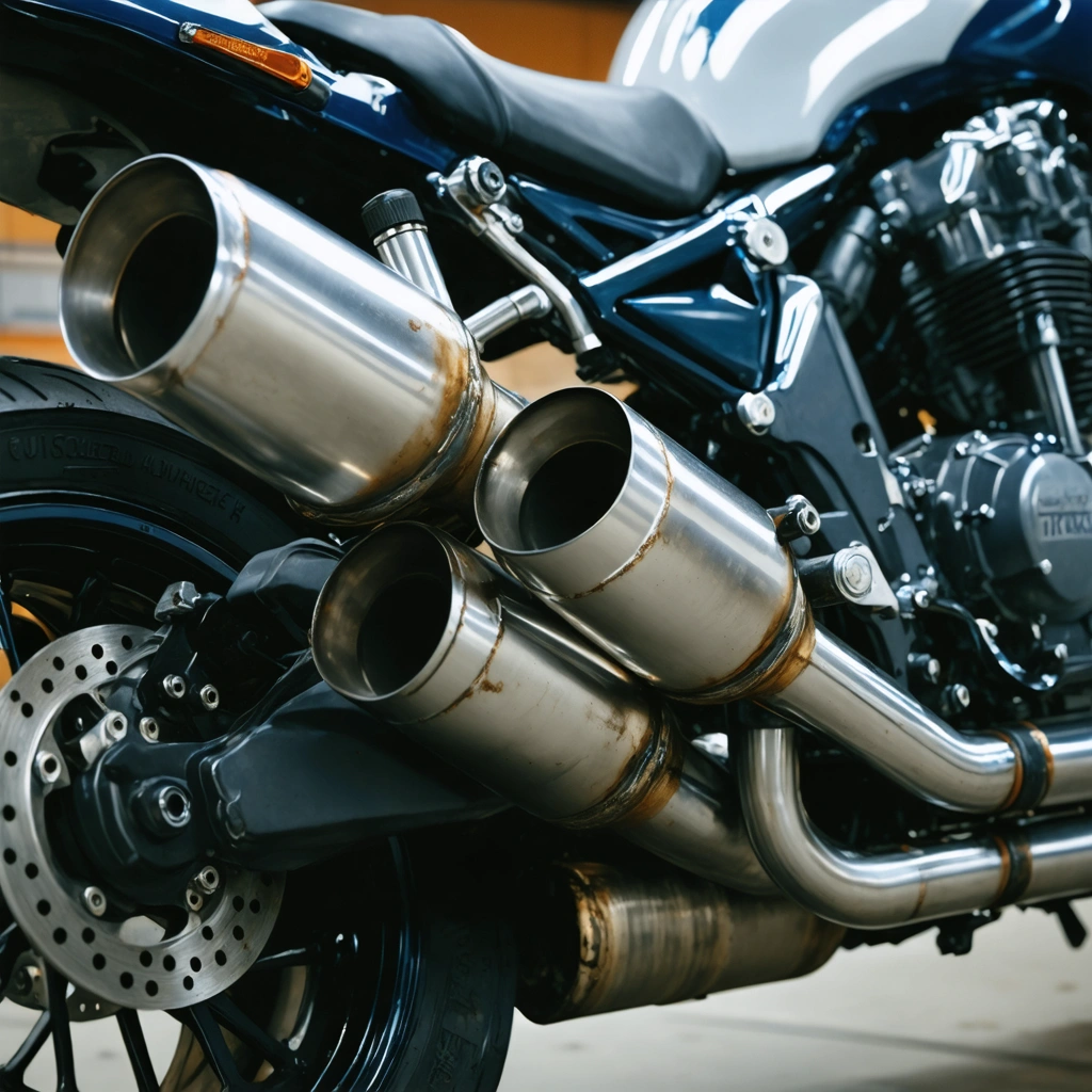 Un collecteur de pot d'echappement de moto en inox en cours de nettoyage dans un garage, avec un chiffon microfibre et un resultat deja brillant sur une partie des tubes.