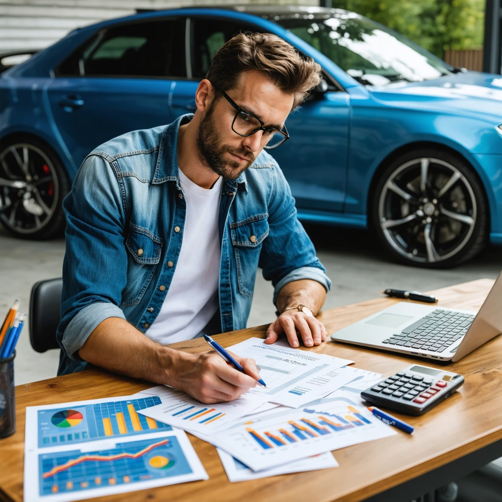 Un homme examine des documents d’assurance, des devis de réparation et des photos d’un véhicule endommagé dans un garage, pour contester une expertise après sinistre.