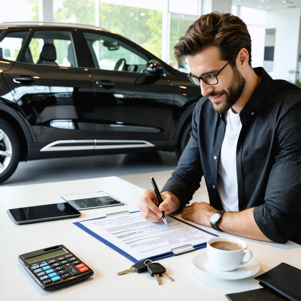 Un homme examine un contrat de location longue durée devant une voiture neuve dans une concession automobile.