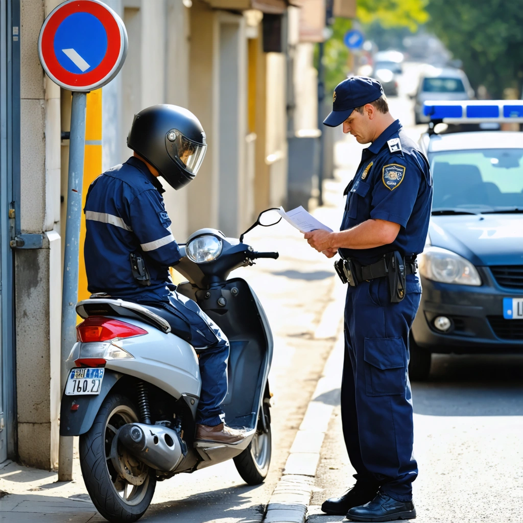 Controle routier d'un scooter 50cc en ville avec un conducteur casque et un agent verifiant les papiers