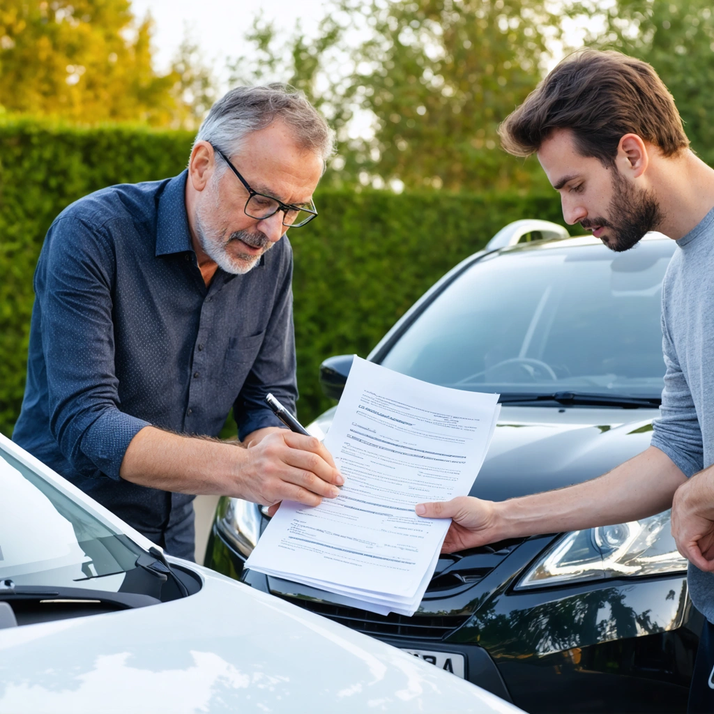 Un vendeur et un acheteur examinent les documents de controle technique sur le capot d'une voiture d'occasion avant la vente.