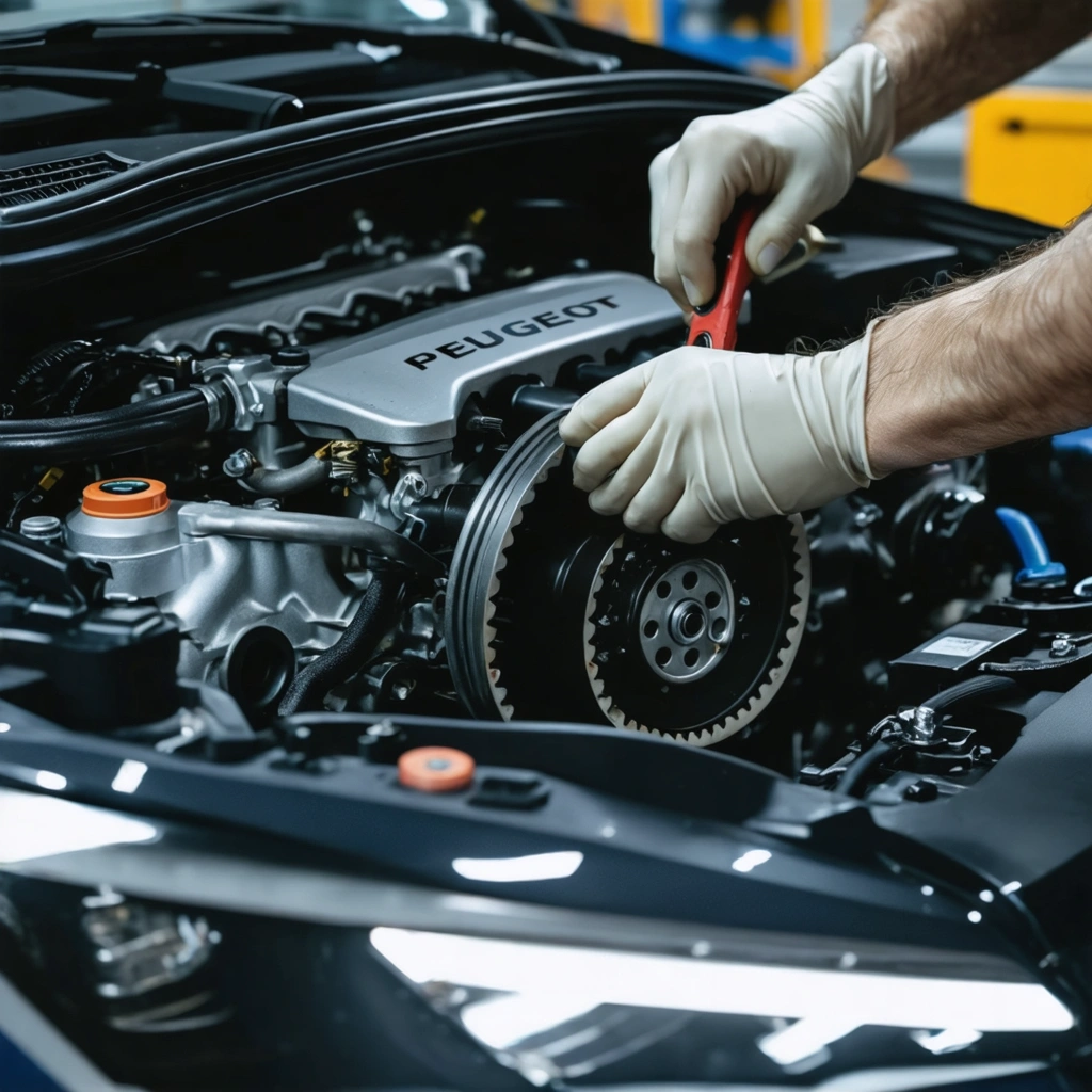 Mecanicien inspectant la courroie de distribution d'une Peugeot dans un atelier automobile, capot ouvert et moteur visible
