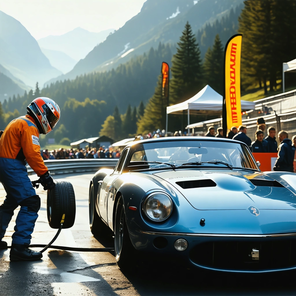 Un pilote debutant prepare sa voiture de sport dans le paddock avant une course de cote, avec route de montagne fermee et ambiance realiste de competition.