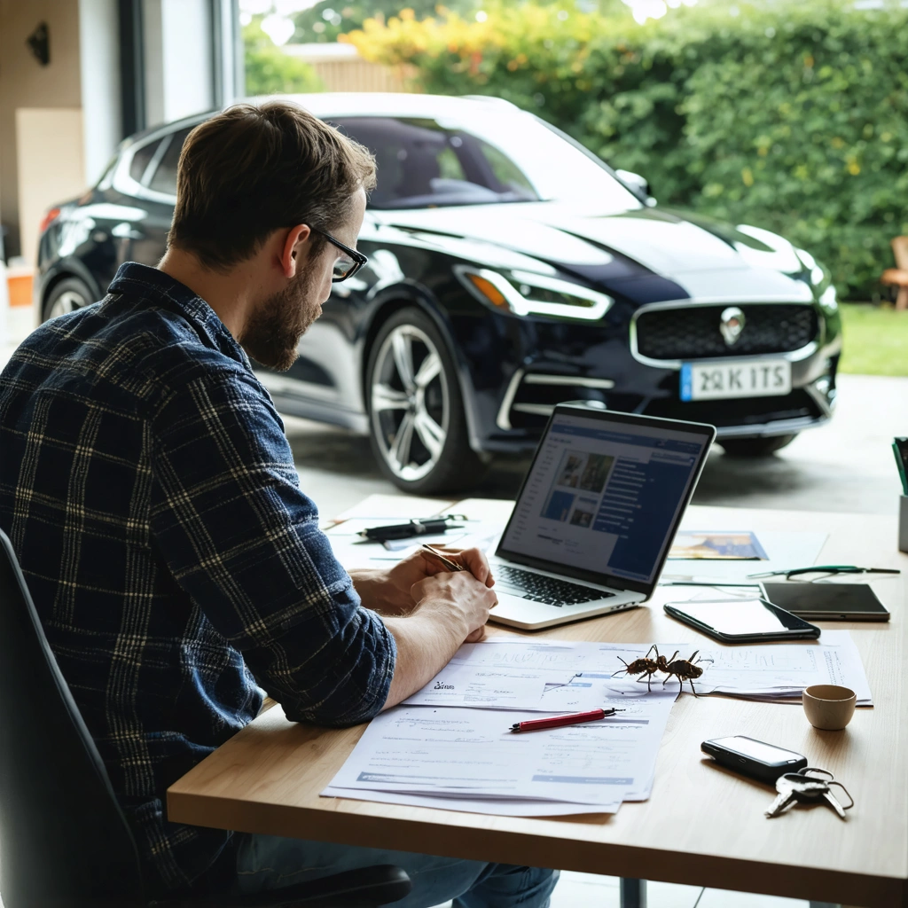 Un homme passionne d automobile remplit en ligne la declaration de vente d un vehicule sur le site de l ANTS avec les documents du vehicule poses sur un bureau
