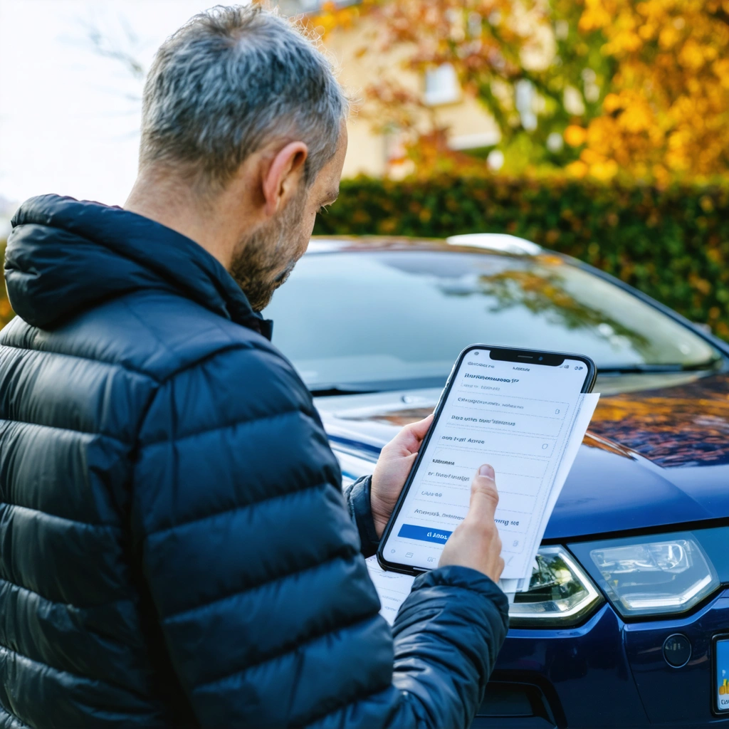 Un conducteur debout à côté d'une voiture d'occasion consulte le suivi de sa carte grise sur son téléphone avec des documents d'immatriculation posés sur le véhicule.
