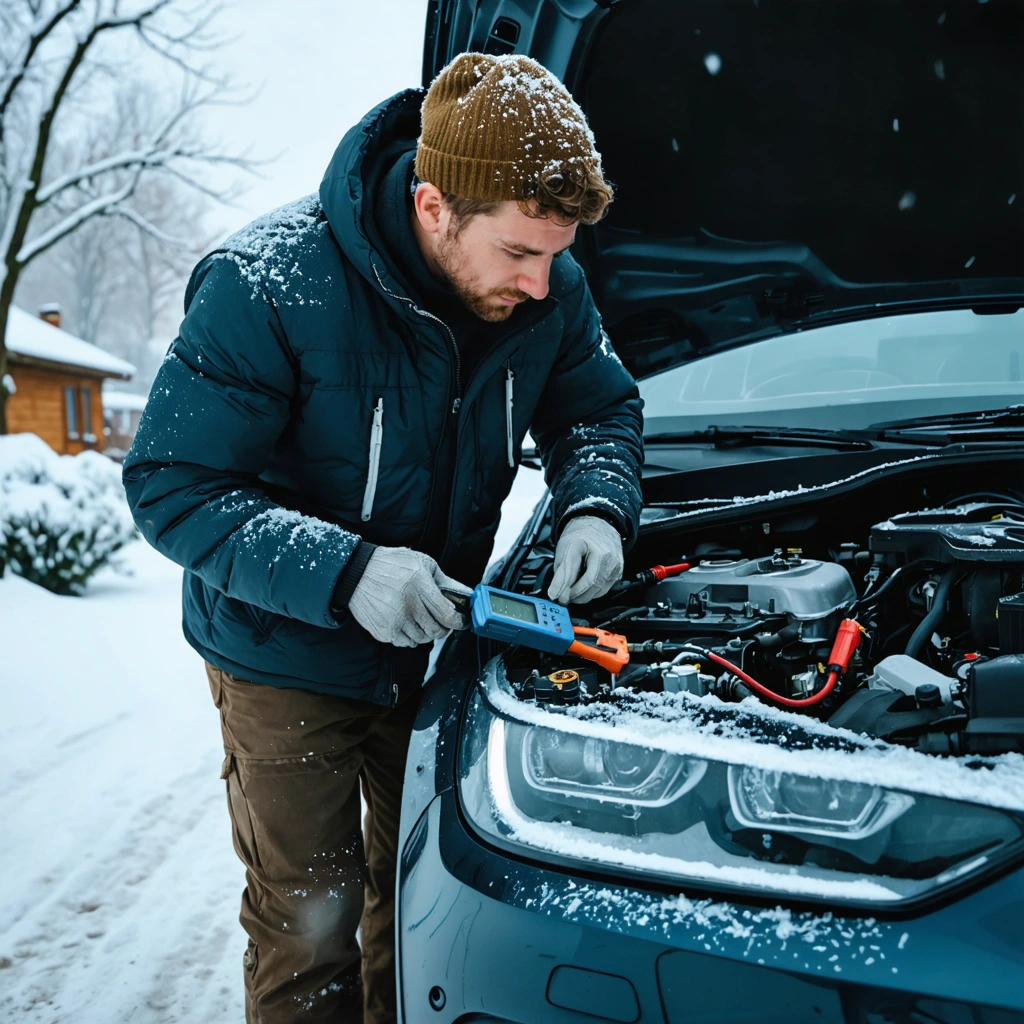 Un homme examine le moteur d'une voiture diesel par temps froid, capot ouvert, avec un multimètre branché sur la batterie pour diagnostiquer un problème de démarrage à froid.