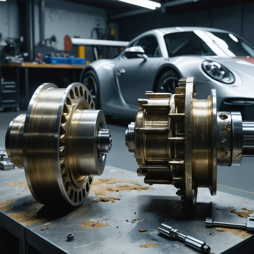 Deux différentiels automobiles posés sur un établi dans un atelier, l’un ouvert et l’autre autobloquant, avec une voiture sportive en arrière-plan