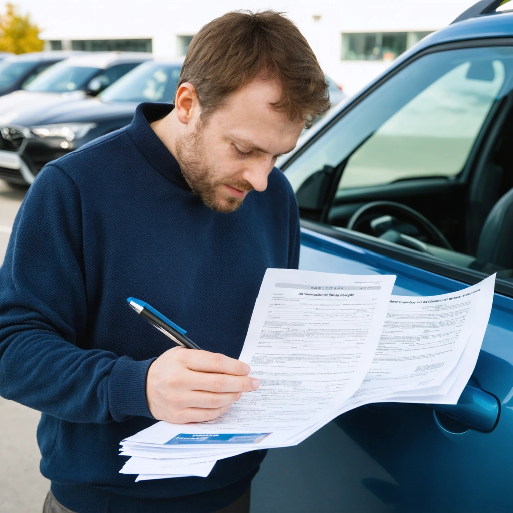 Un homme examine des documents d’assurance et de vente sur le capot d’une voiture d’occasion dans un parking, juste avant de finaliser son assurance auto.