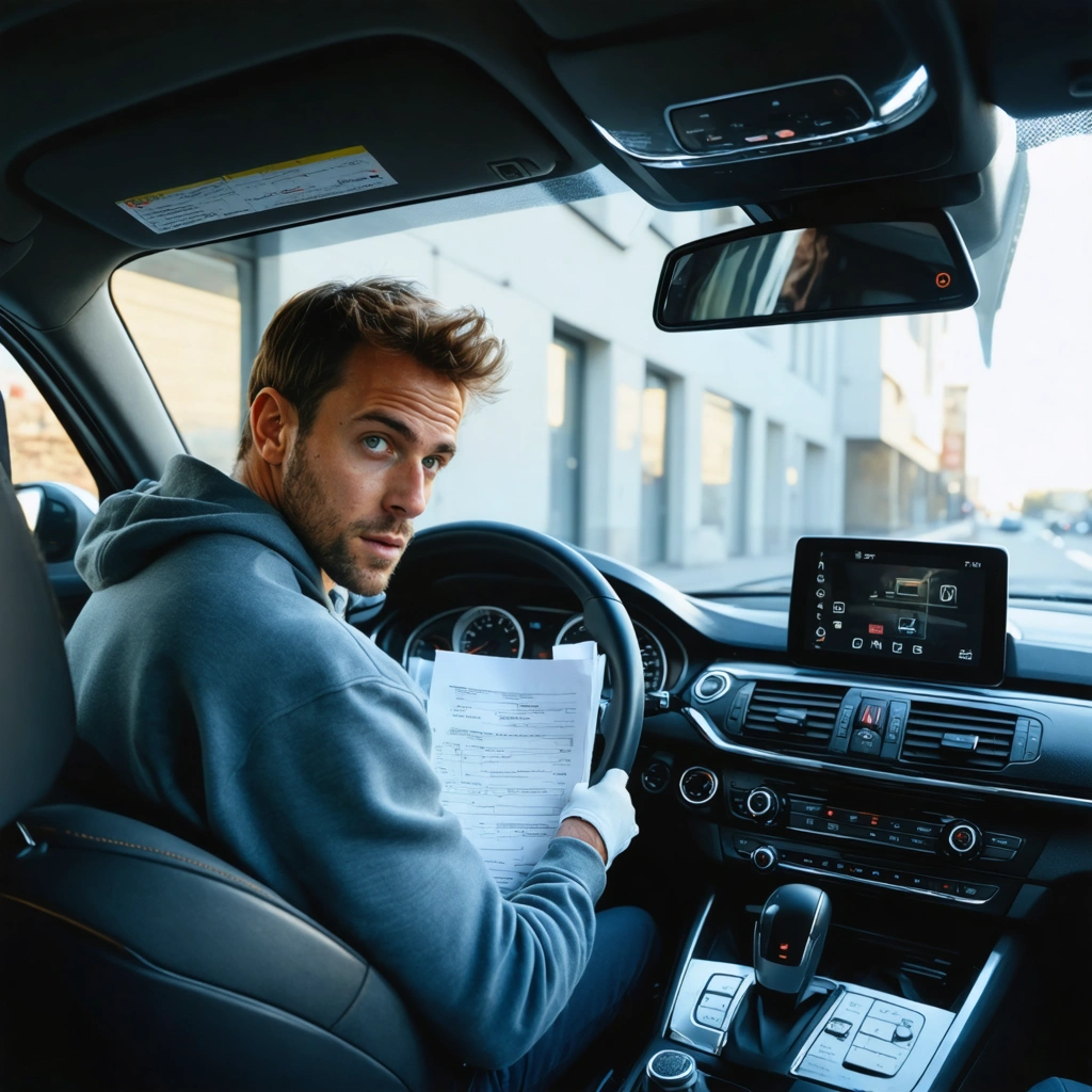 Conducteur dans une voiture tenant des documents administratifs après le vol de sa carte grise, avec la boîte à gants ouverte