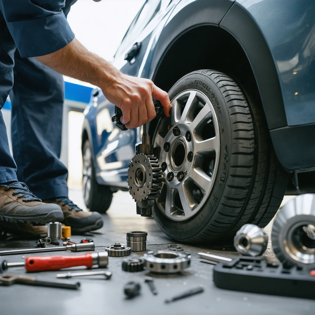 Un mecanicien inspecte le systeme d'embrayage d'une petite voiture citadine dans un garage, avec la voiture visible en arriere-plan.