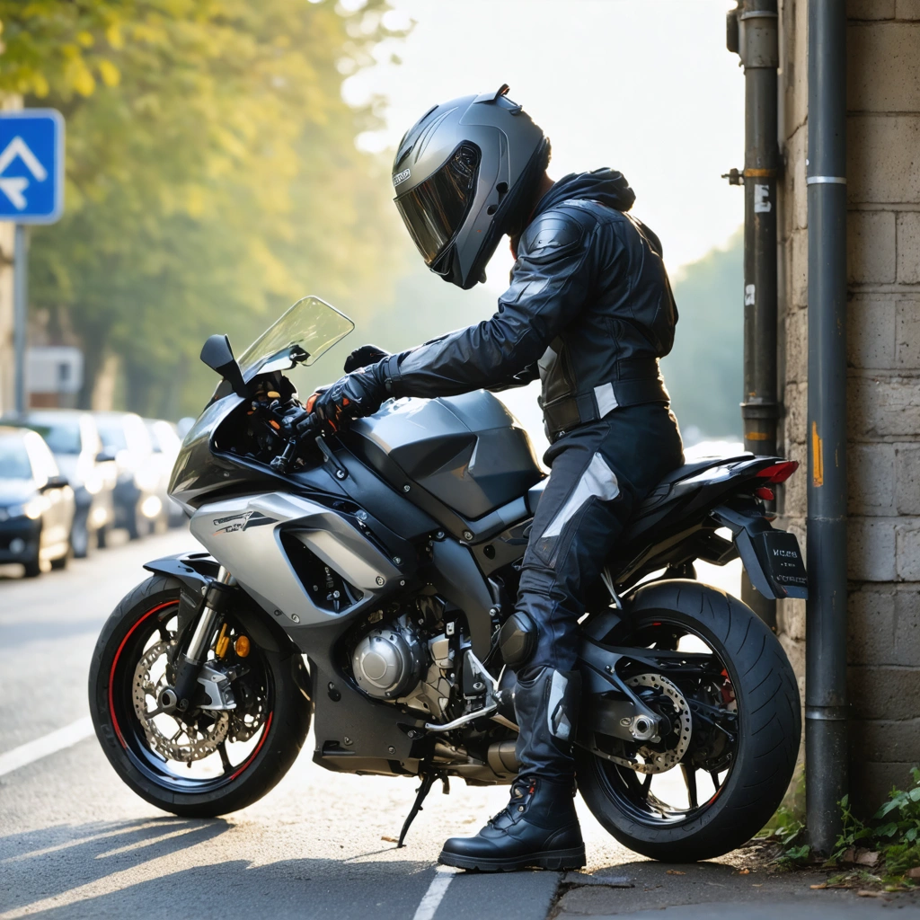 Un motard vérifie l’équipement de sécurité de son passager avant un départ à moto, avec casque, gants, veste et chaussures adaptées.