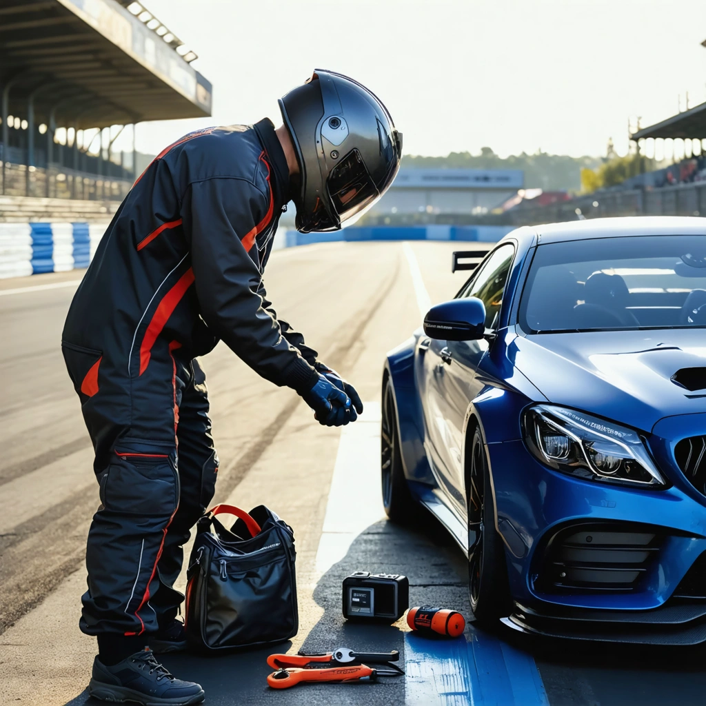 Un passionne d automobile prepare une voiture de trackday dans les stands avec casque, gants et checklist de securite avant de prendre la piste.